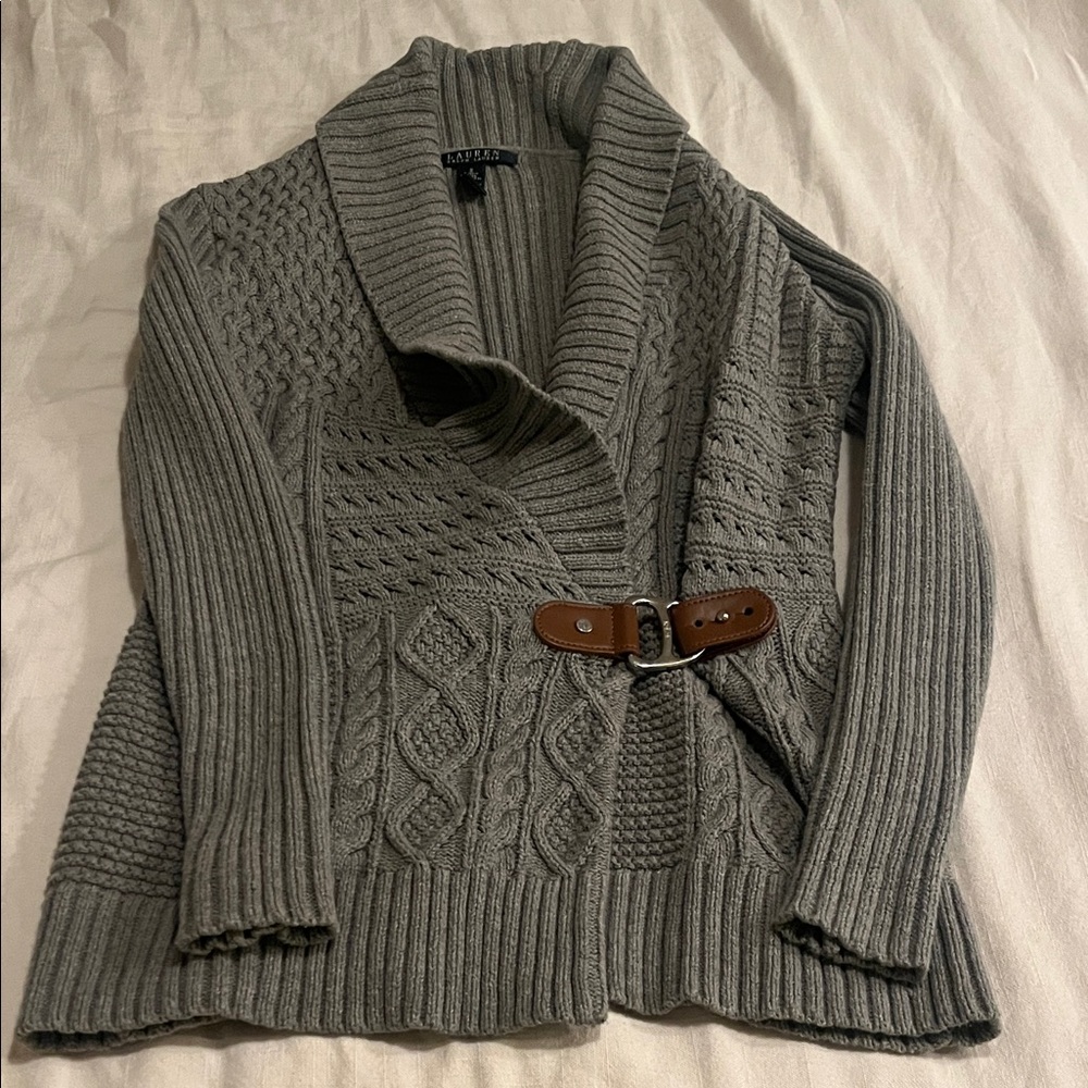 Ralph Lauren Gray Cable Knit Shawl Collar Cardigan with Leather Toggle
